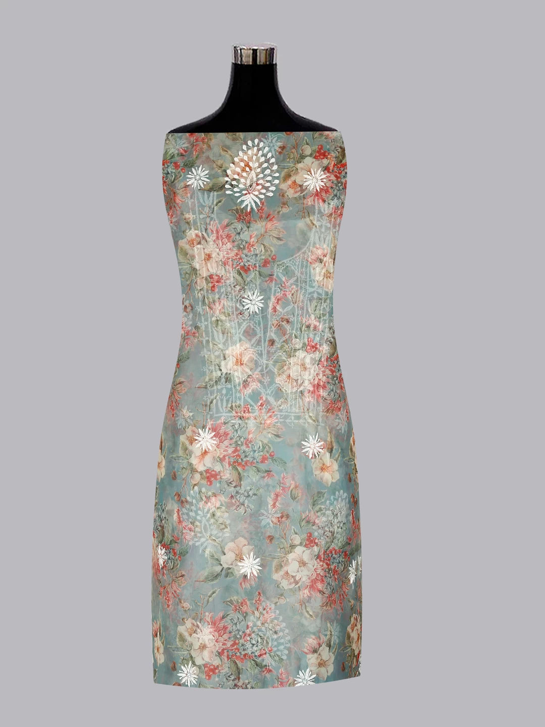 Ada Hand Embroidered Sage Green Floral Print Organza Lucknowi Chikankari Unstitched Kurta Dupatta Set 01A457403