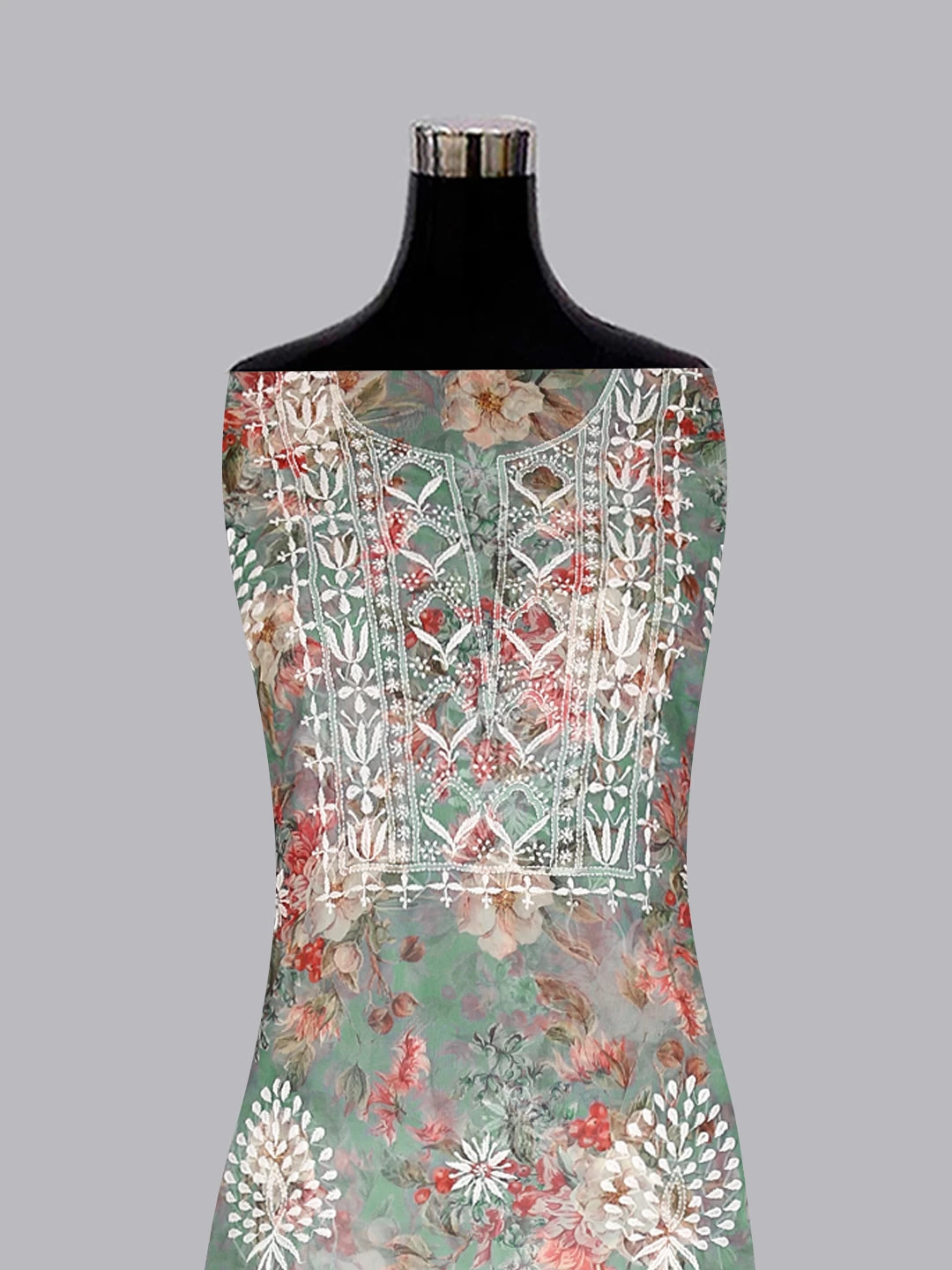 Ada Hand Embroidered Sage Green Floral Print Organza Lucknowi Chikankari Unstitched Kurta Dupatta Set 01A457403