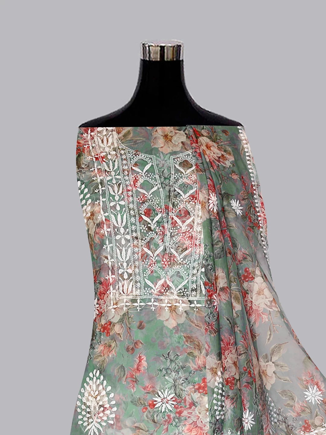 Ada Hand Embroidered Sage Green Floral Print Organza Lucknowi Chikankari Unstitched Kurta Dupatta Set 01A457403
