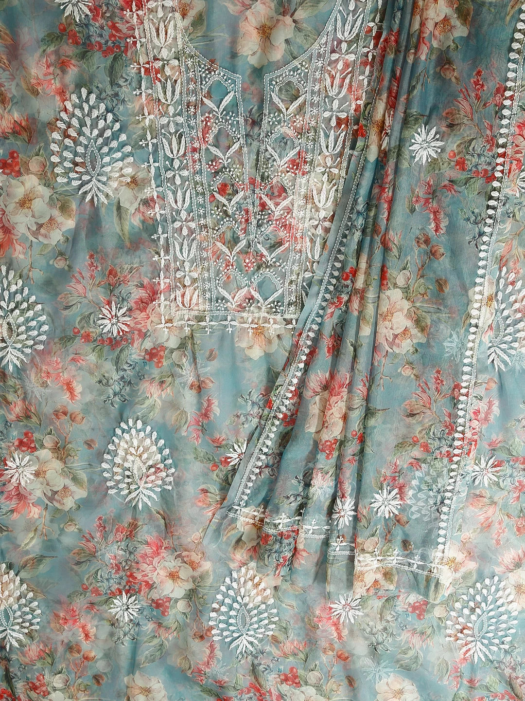 Ada Hand Embroidered Sage Green Floral Print Organza Lucknowi Chikankari Unstitched Kurta Dupatta Set 01A457403