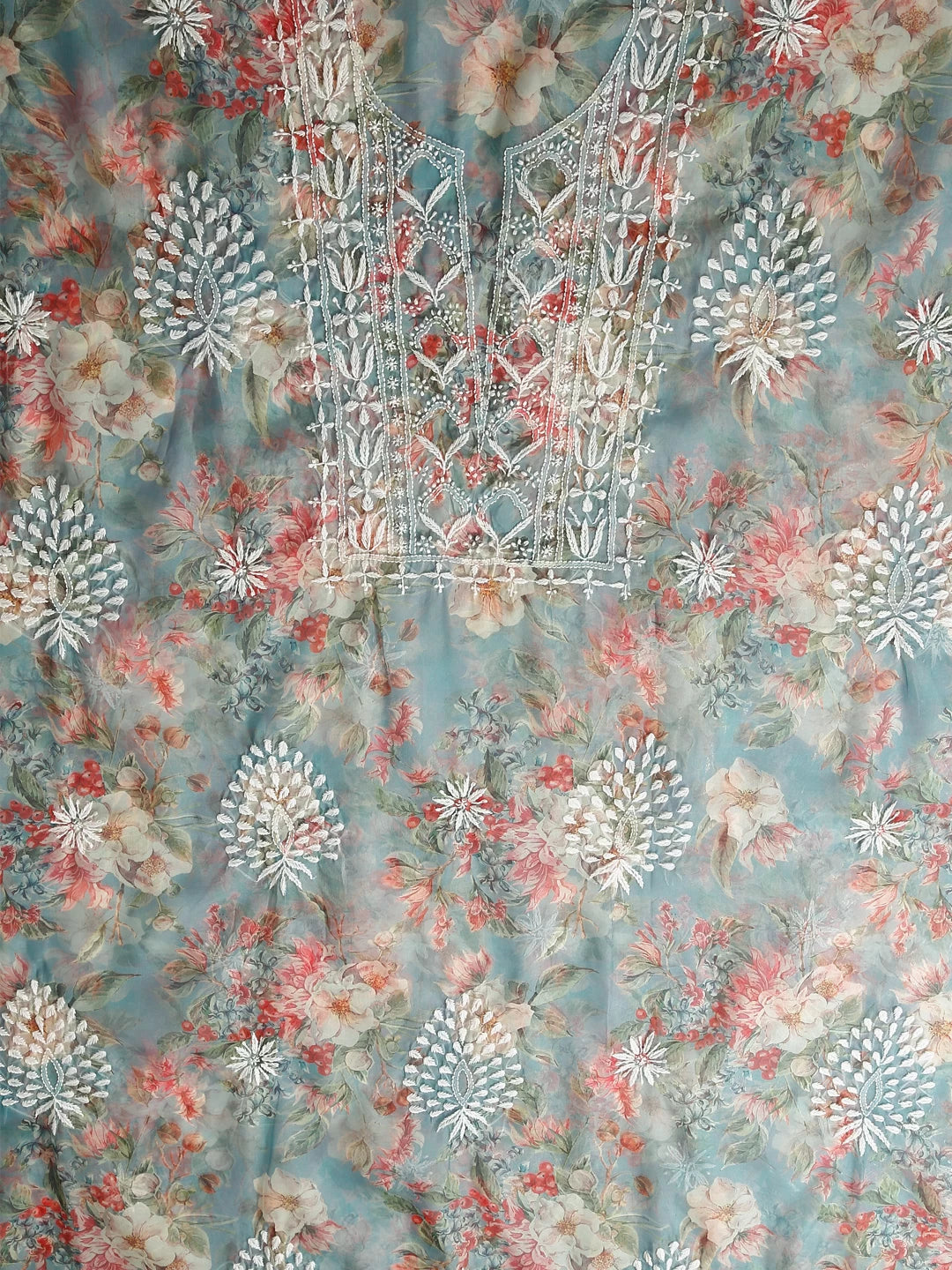 Ada Hand Embroidered Sage Green Floral Print Organza Lucknowi Chikankari Unstitched Kurta Dupatta Set 01A457403