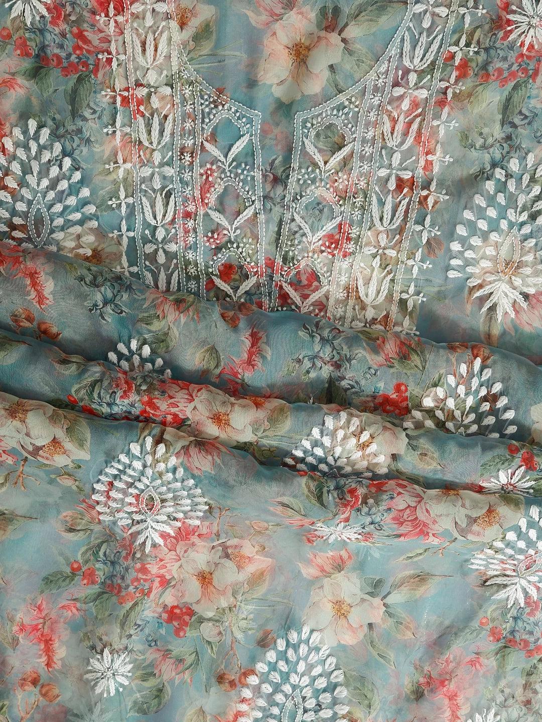 Ada Hand Embroidered Sage Green Floral Print Organza Lucknowi Chikankari Unstitched Kurta Dupatta Set 01A457403