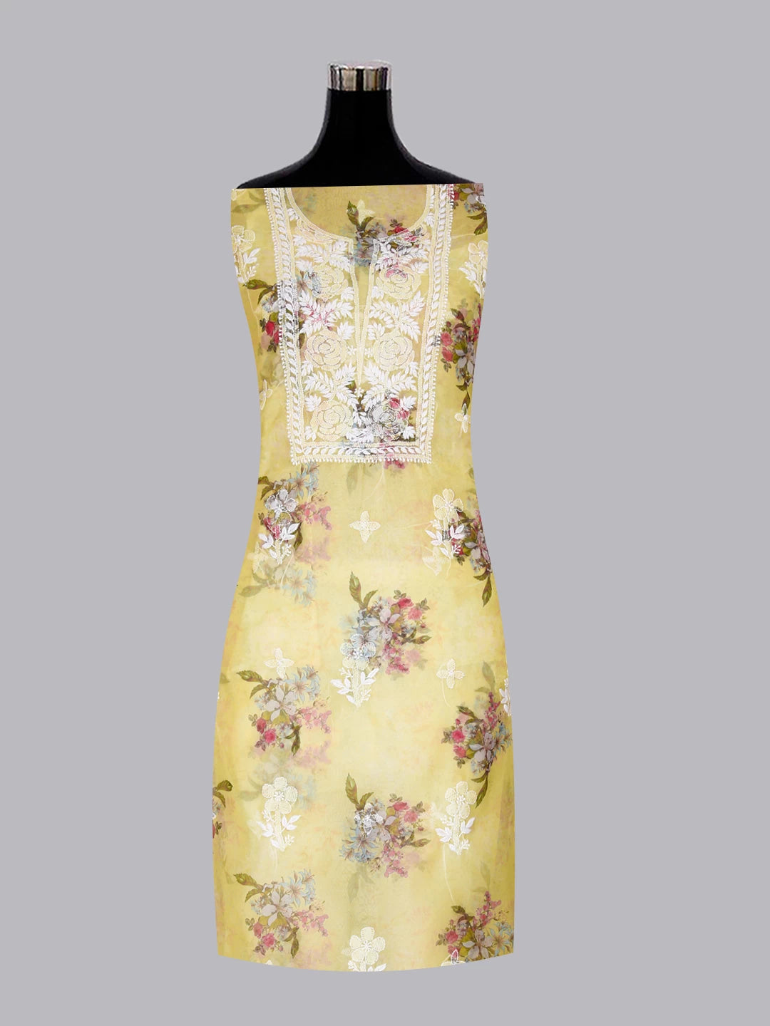 Ada Hand Embroidered Lemon Floral Print Organza Lucknowi Chikankari Unstitched Kurta Dupatta Set 01A457692