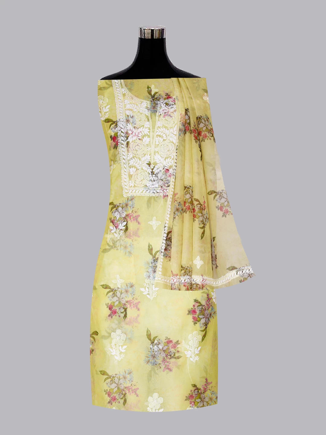Ada Hand Embroidered Lemon Floral Print Organza Lucknowi Chikankari Unstitched Kurta Dupatta Set 01A457692