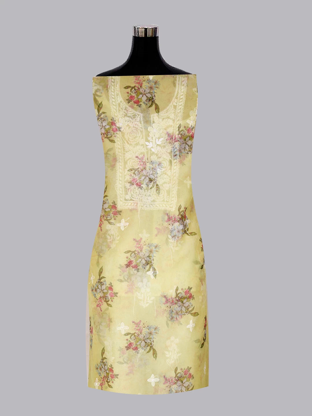 Ada Hand Embroidered Lemon Floral Print Organza Lucknowi Chikankari Unstitched Kurta Dupatta Set 01A457692