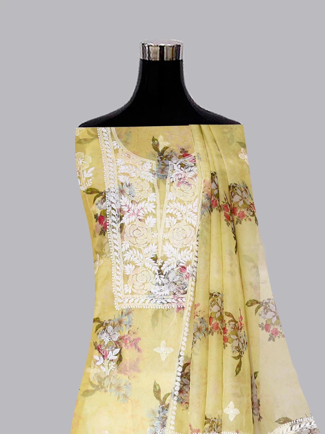 Ada Hand Embroidered Lemon Floral Print Organza Lucknowi Chikankari Unstitched Kurta Dupatta Set 01A457692