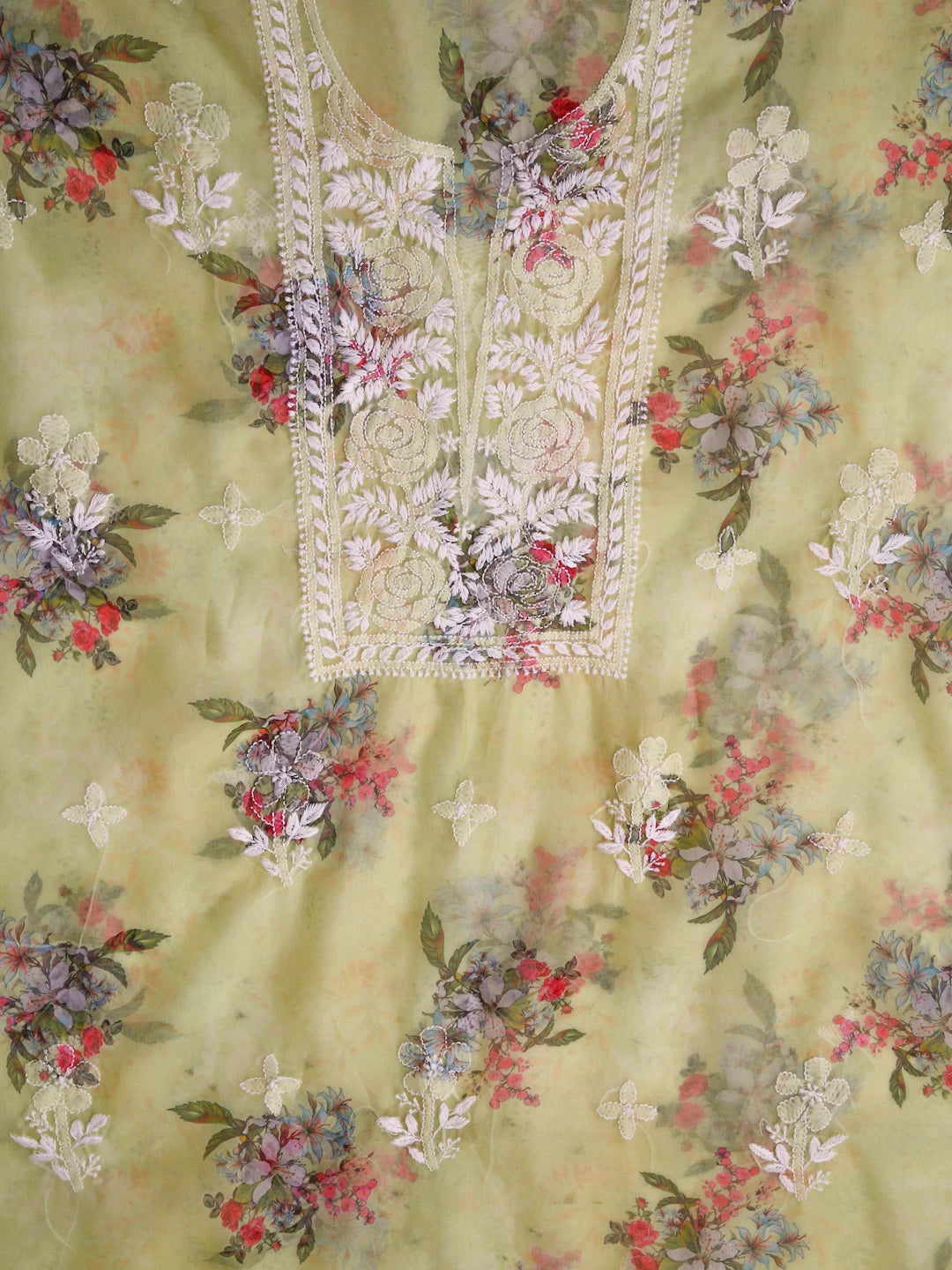 Ada Hand Embroidered Lemon Floral Print Organza Lucknowi Chikankari Unstitched Kurta Dupatta Set 01A457692