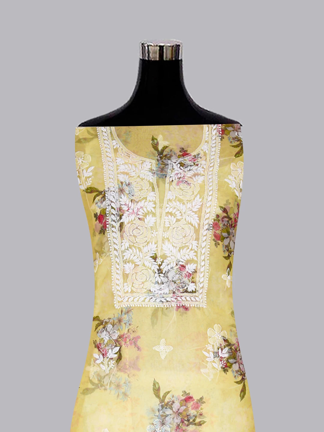 Ada Hand Embroidered Lemon Floral Print Organza Lucknowi Chikankari Unstitched Kurta Dupatta Set 01A457692
