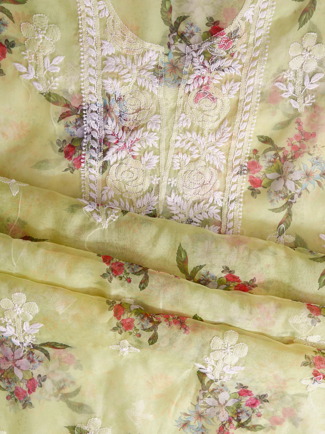 Ada Hand Embroidered Lemon Floral Print Organza Lucknowi Chikankari Unstitched Kurta Dupatta Set 01A457692