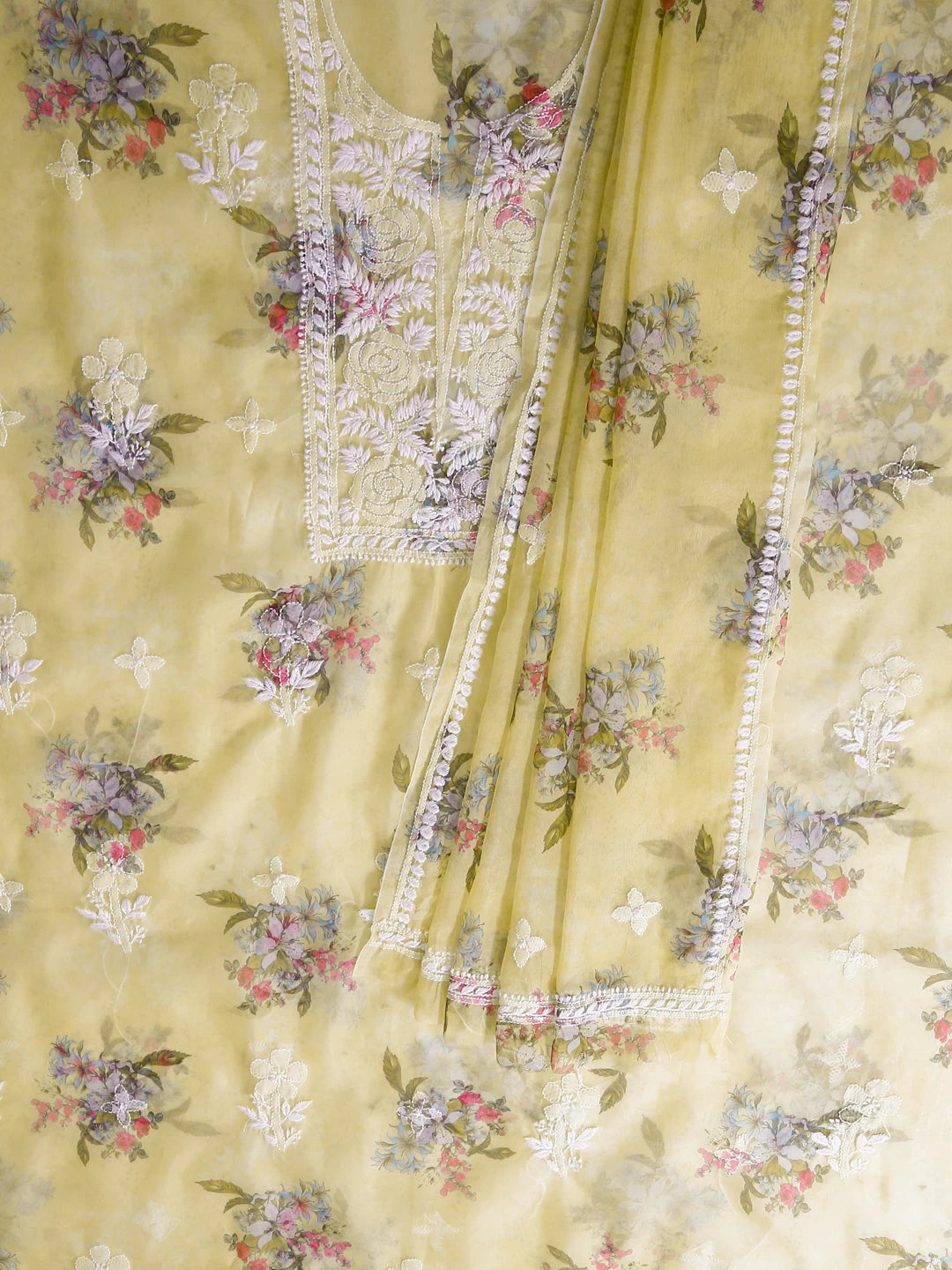 Ada Hand Embroidered Lemon Floral Print Organza Lucknowi Chikankari Unstitched Kurta Dupatta Set 01A457692