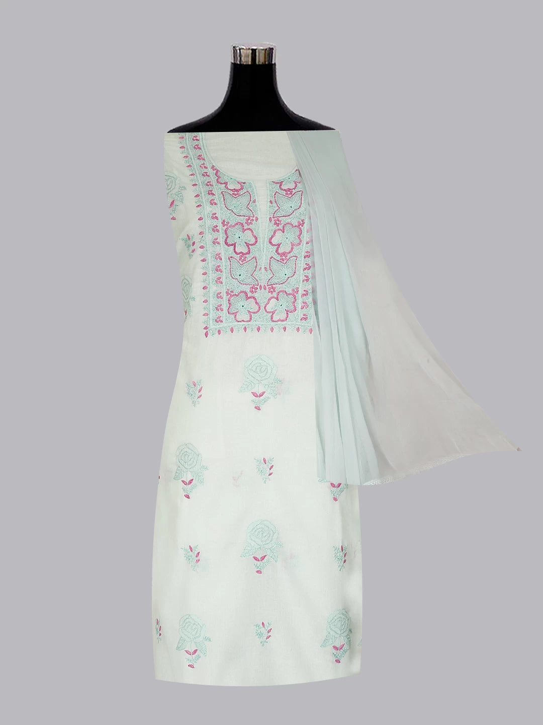 Ada Hand Embroidered Sea Green Cotton Lucknowi Chikankari Unstitched Suit Piece 01A461196