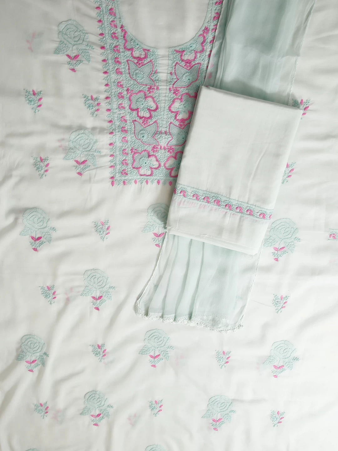 Ada Hand Embroidered Sea Green Cotton Lucknowi Chikankari Unstitched Suit Piece 01A461196