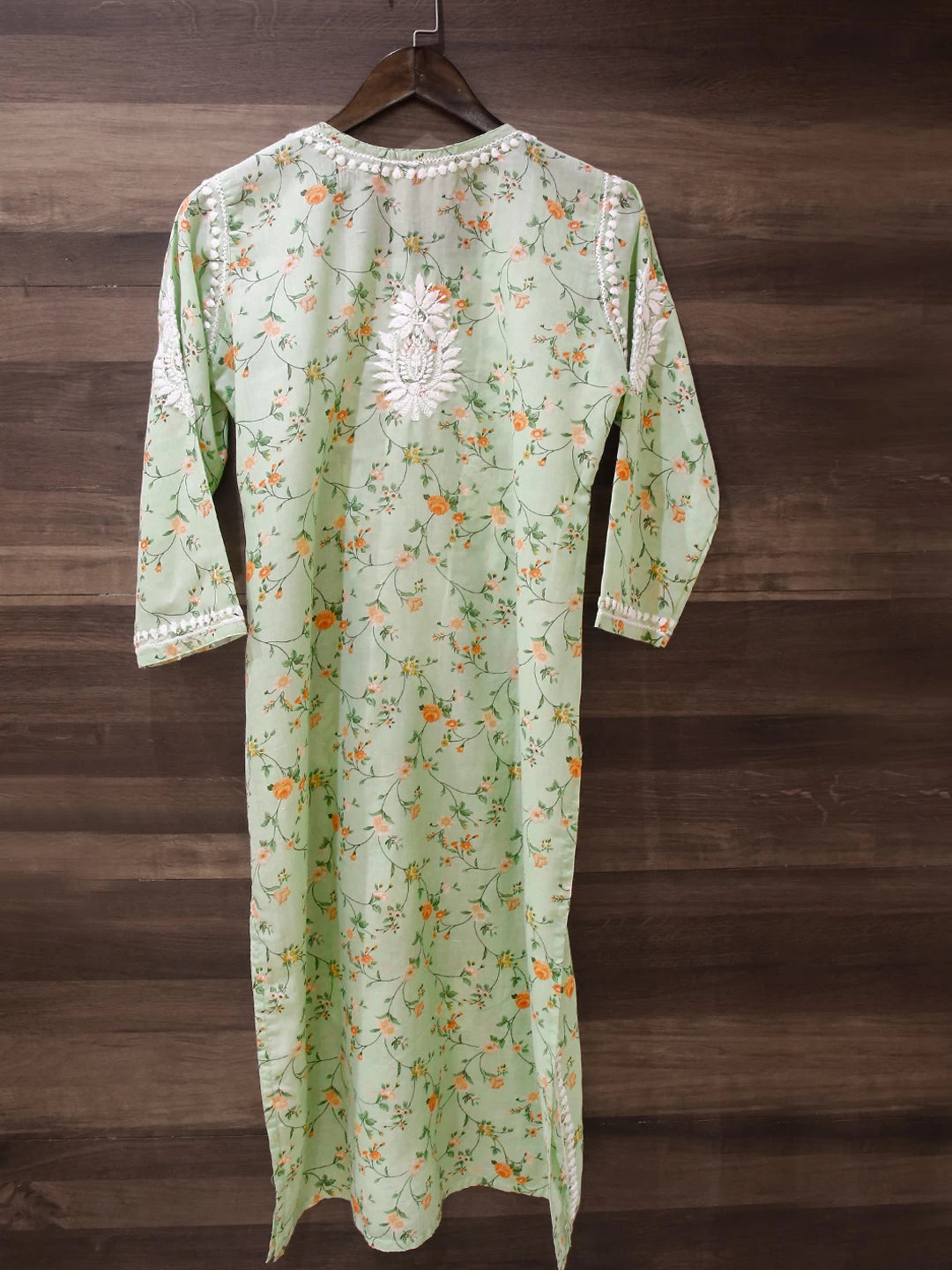 Ada Hand Embroidered Pista Green Cotton Floral Printed Lucknowi Chikankari Straight Kurta A411522
