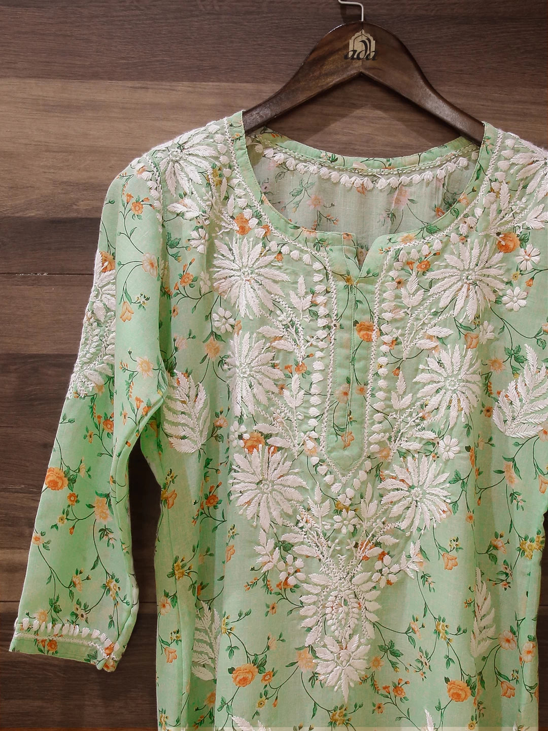 Ada Hand Embroidered Pista Green Cotton Floral Printed Lucknowi Chikankari Straight Kurta A411522