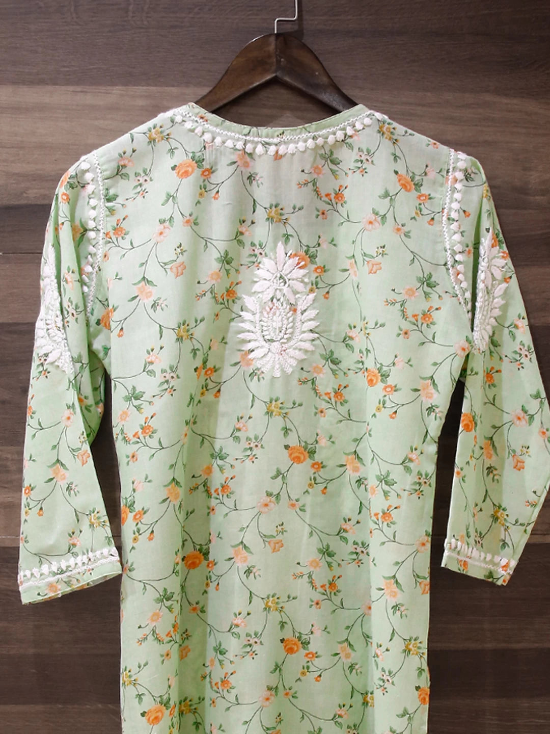 Ada Hand Embroidered Pista Green Cotton Floral Printed Lucknowi Chikankari Straight Kurta A411522