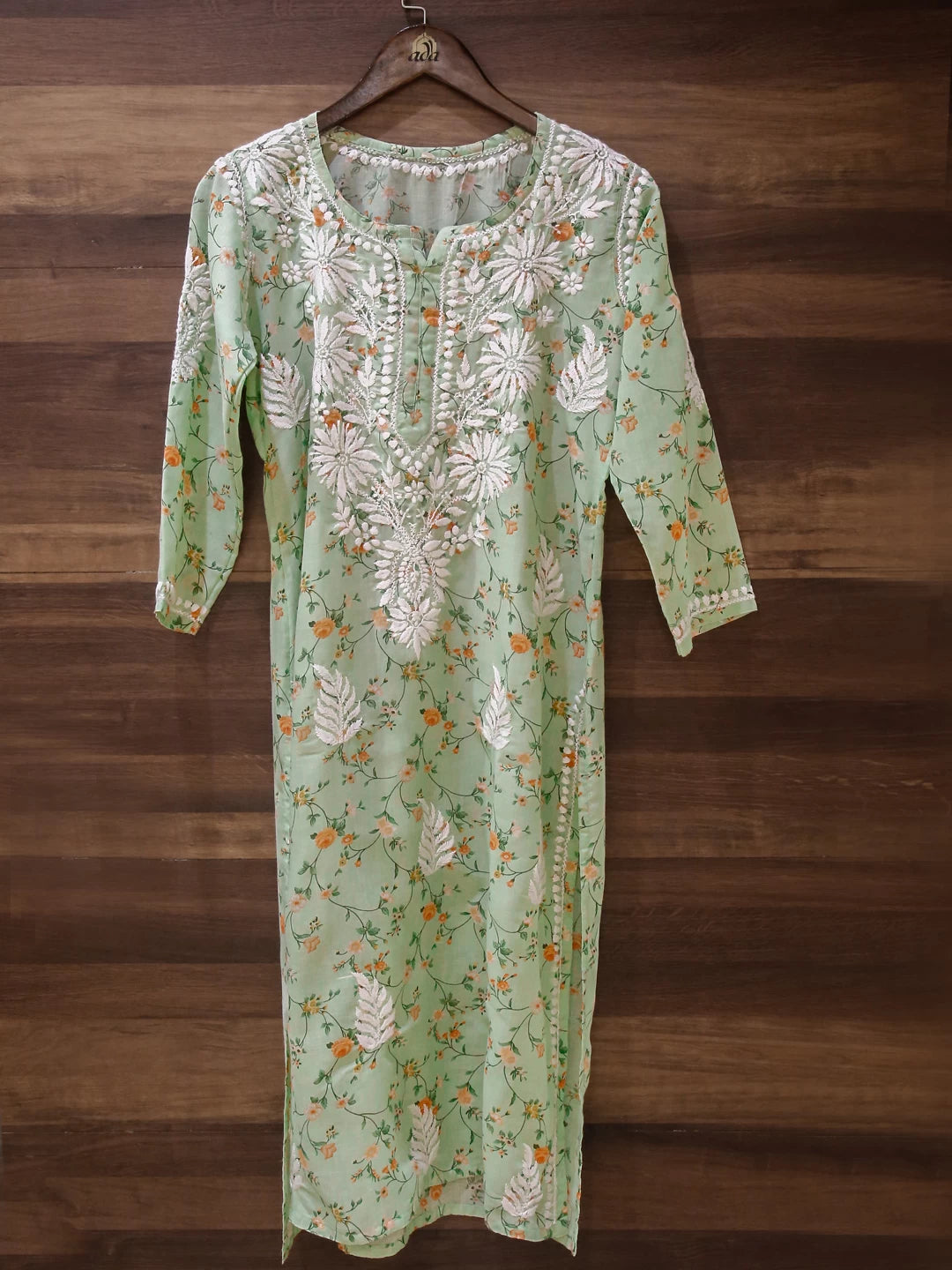 Ada Hand Embroidered Pista Green Cotton Floral Printed Lucknowi Chikankari Straight Kurta A411522