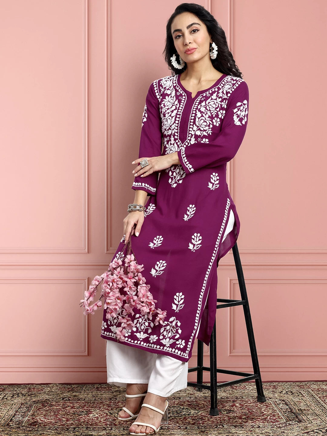 Ada Hand Embroidered Purple Rayon Lucknowi Chikankari Straight Kurta A411511