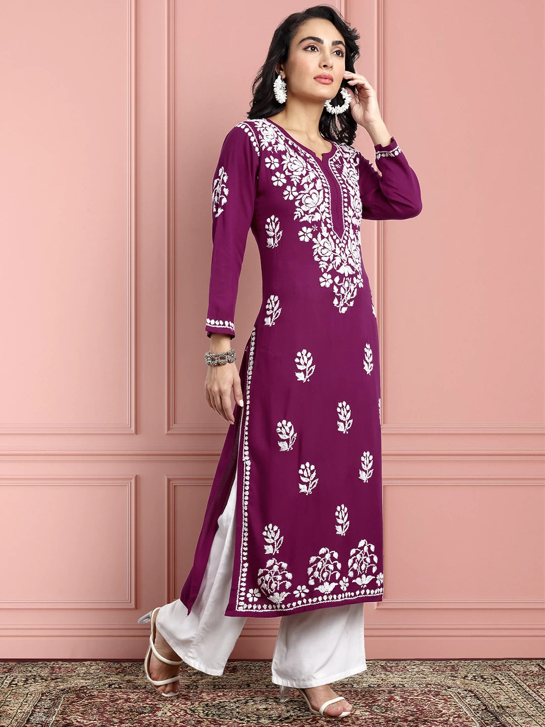 Ada Hand Embroidered Purple Rayon Lucknowi Chikankari Straight Kurta A411511
