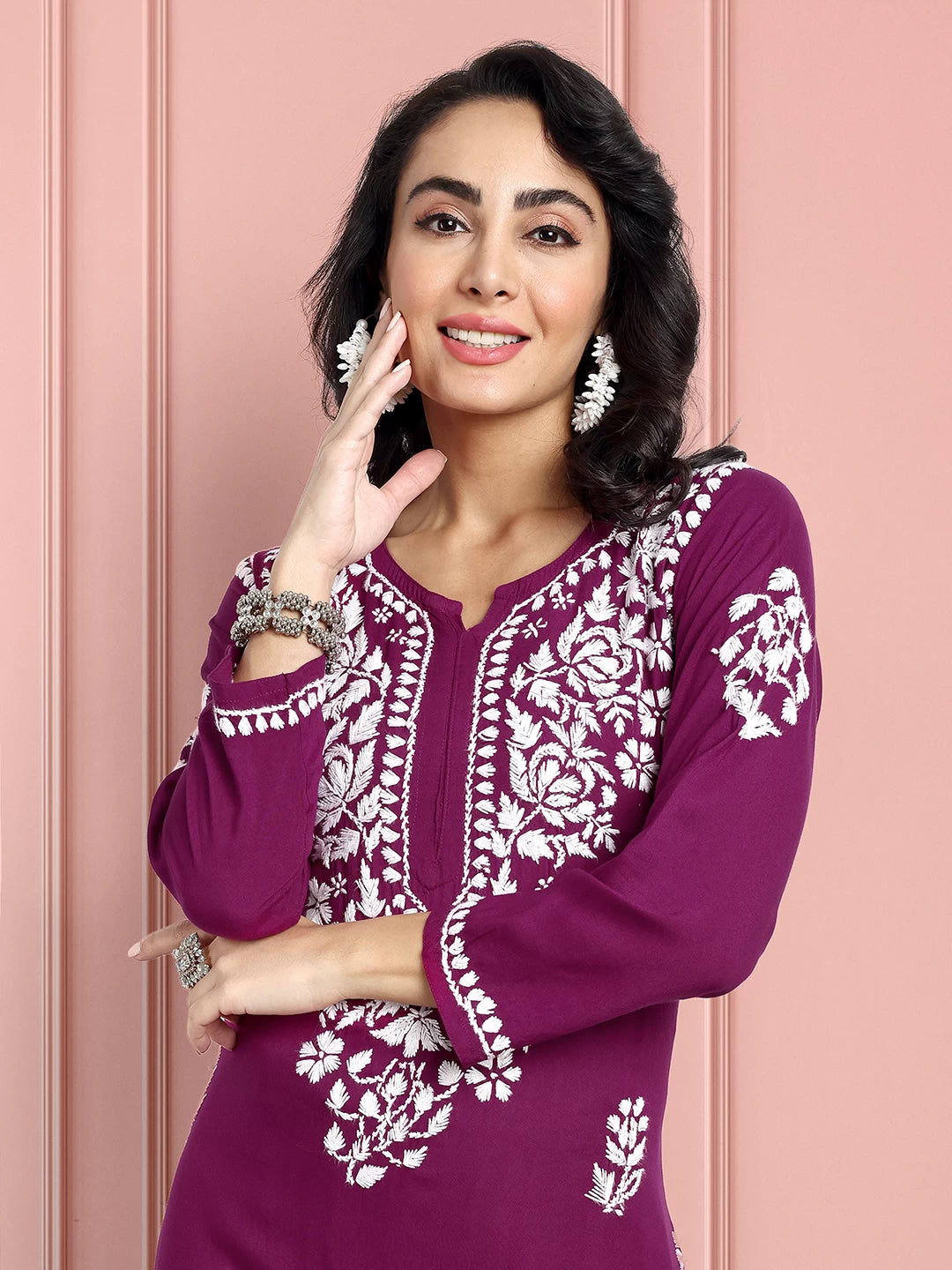 Ada Hand Embroidered Purple Rayon Lucknowi Chikankari Straight Kurta A411511