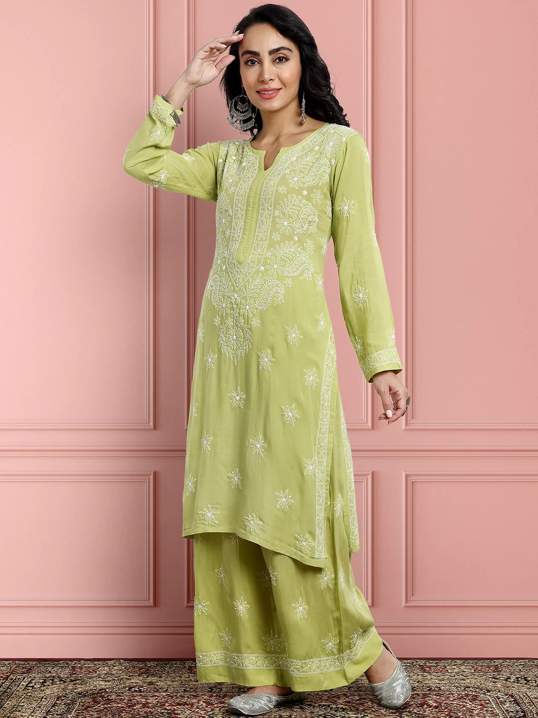 Ada Hand Embroidered Liril Green Modal Lucknowi Chikankari Co-ord Set A811232