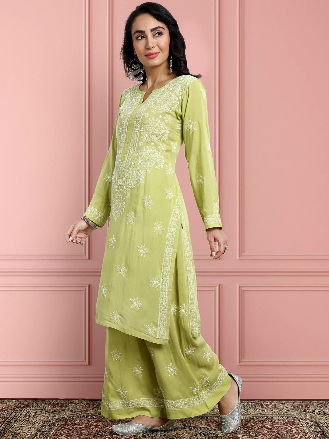Ada Hand Embroidered Liril Green Modal Lucknowi Chikankari Co-ord Set A811232