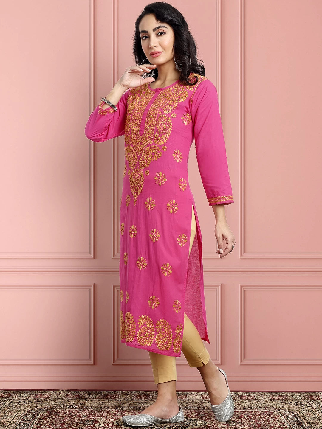 Ada Hand Embroidered Pink Cotton Lucknowi Chikankari Straight Kurta A188186