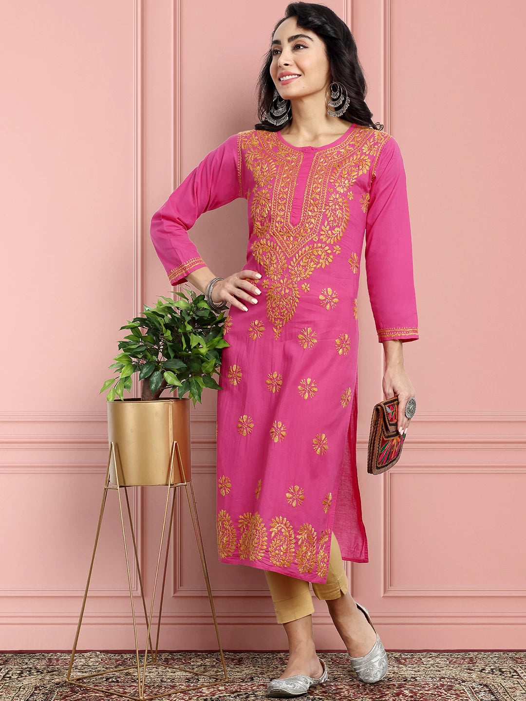 Ada Hand Embroidered Pink Cotton Lucknowi Chikankari Straight Kurta A188186