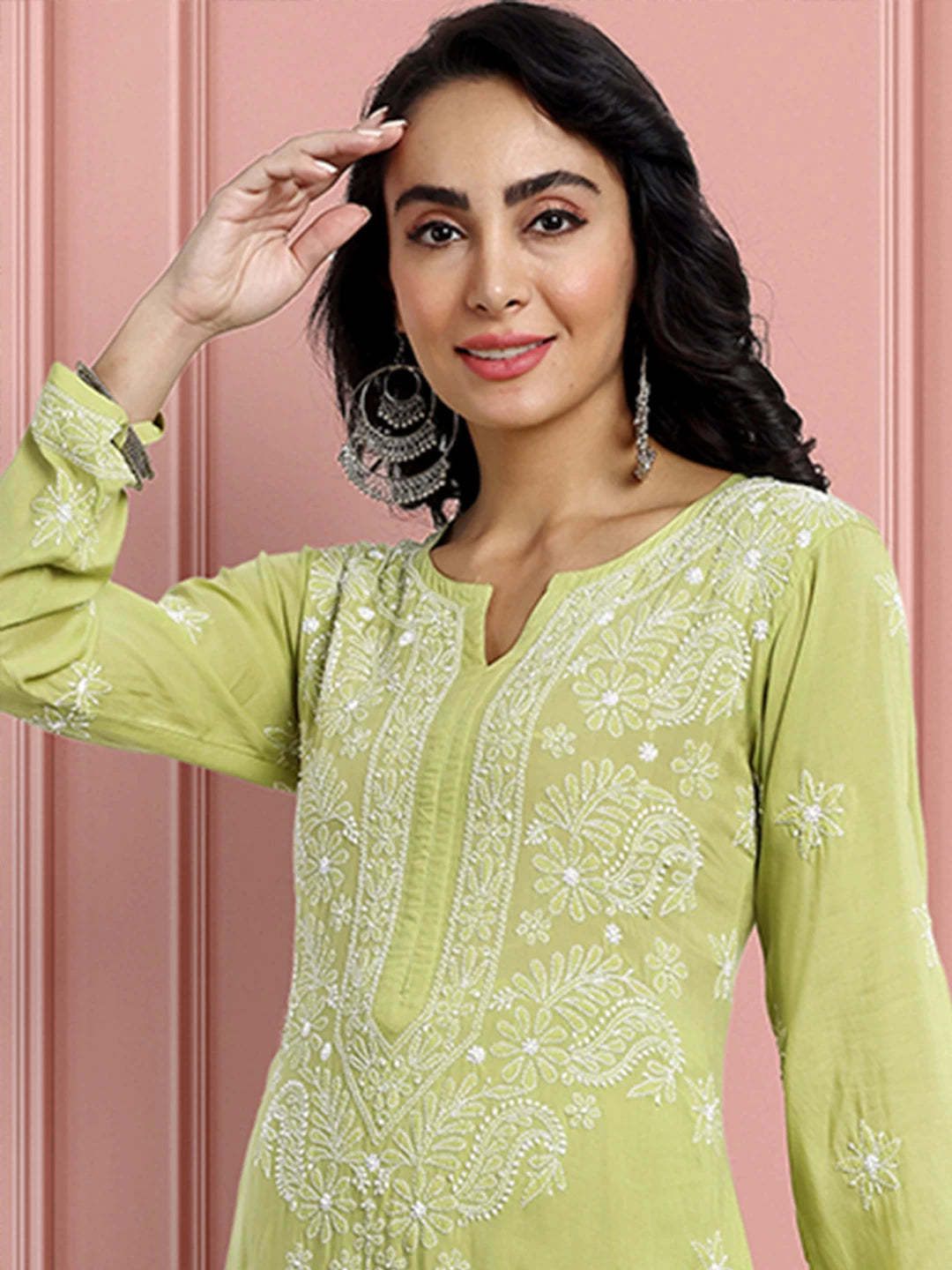 Ada Hand Embroidered Liril Green Modal Lucknowi Chikankari Co-ord Set A811232