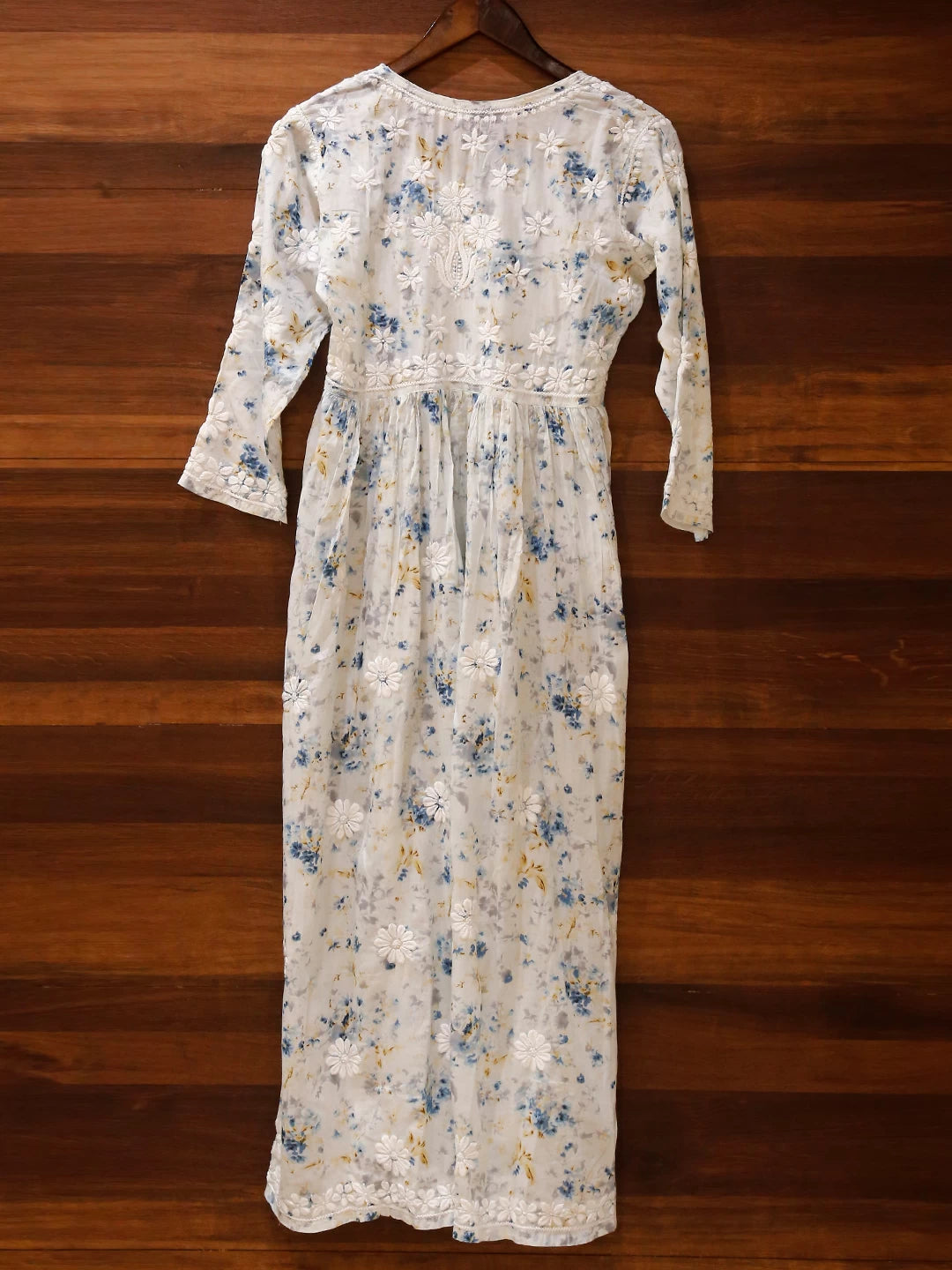 Ada Hand Embroidered Light Ice Blue Cotton Floral Printed Lucknowi Chikankari A-Line Kurta 01A460938
