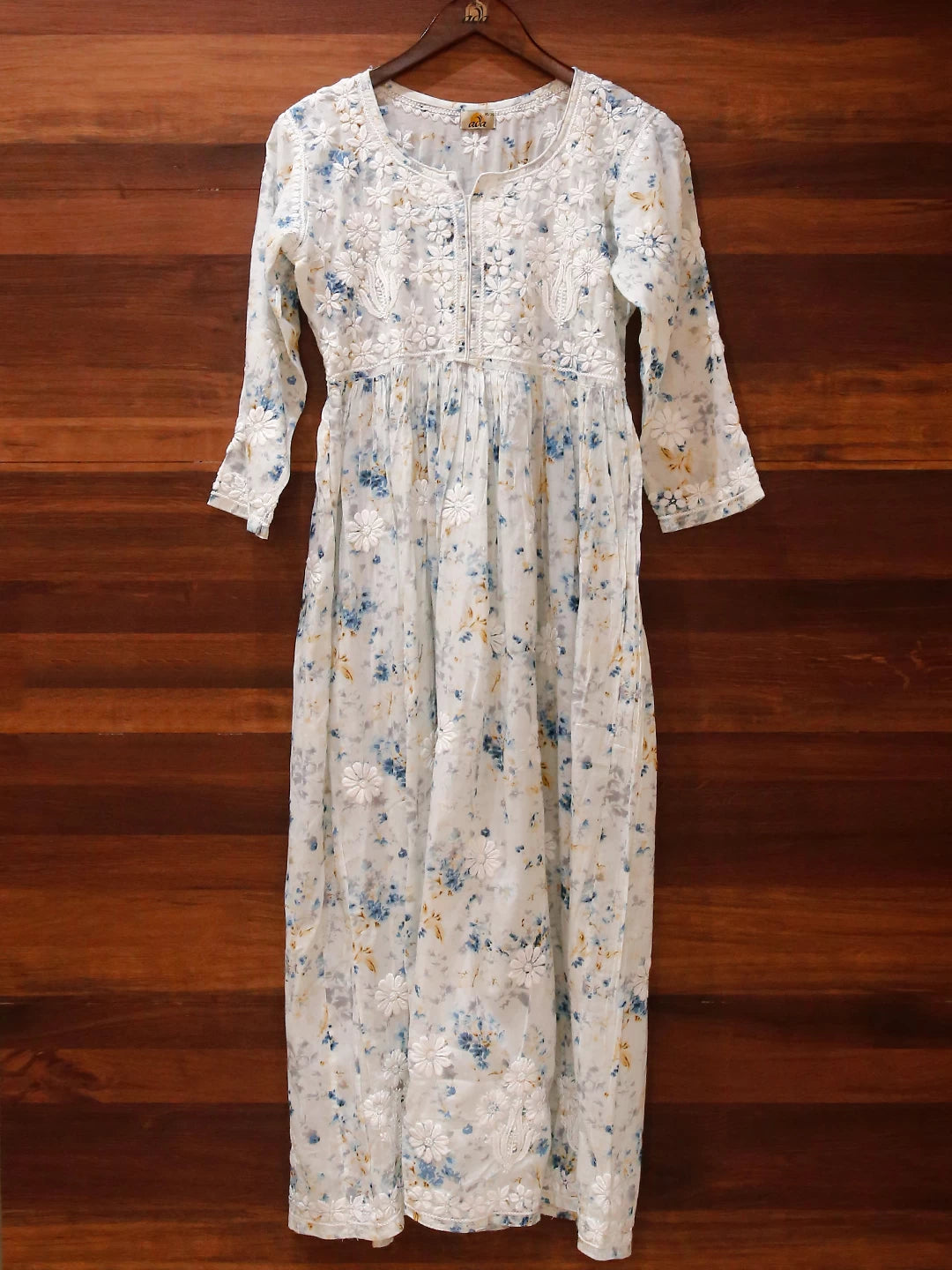 Ada Hand Embroidered Light Ice Blue Cotton Floral Printed Lucknowi Chikankari A-Line Kurta 01A460938