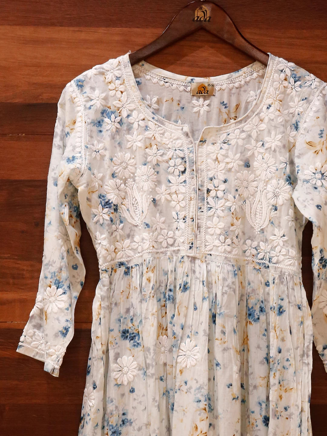Ada Hand Embroidered Light Ice Blue Cotton Floral Printed Lucknowi Chikankari A-Line Kurta 01A460938