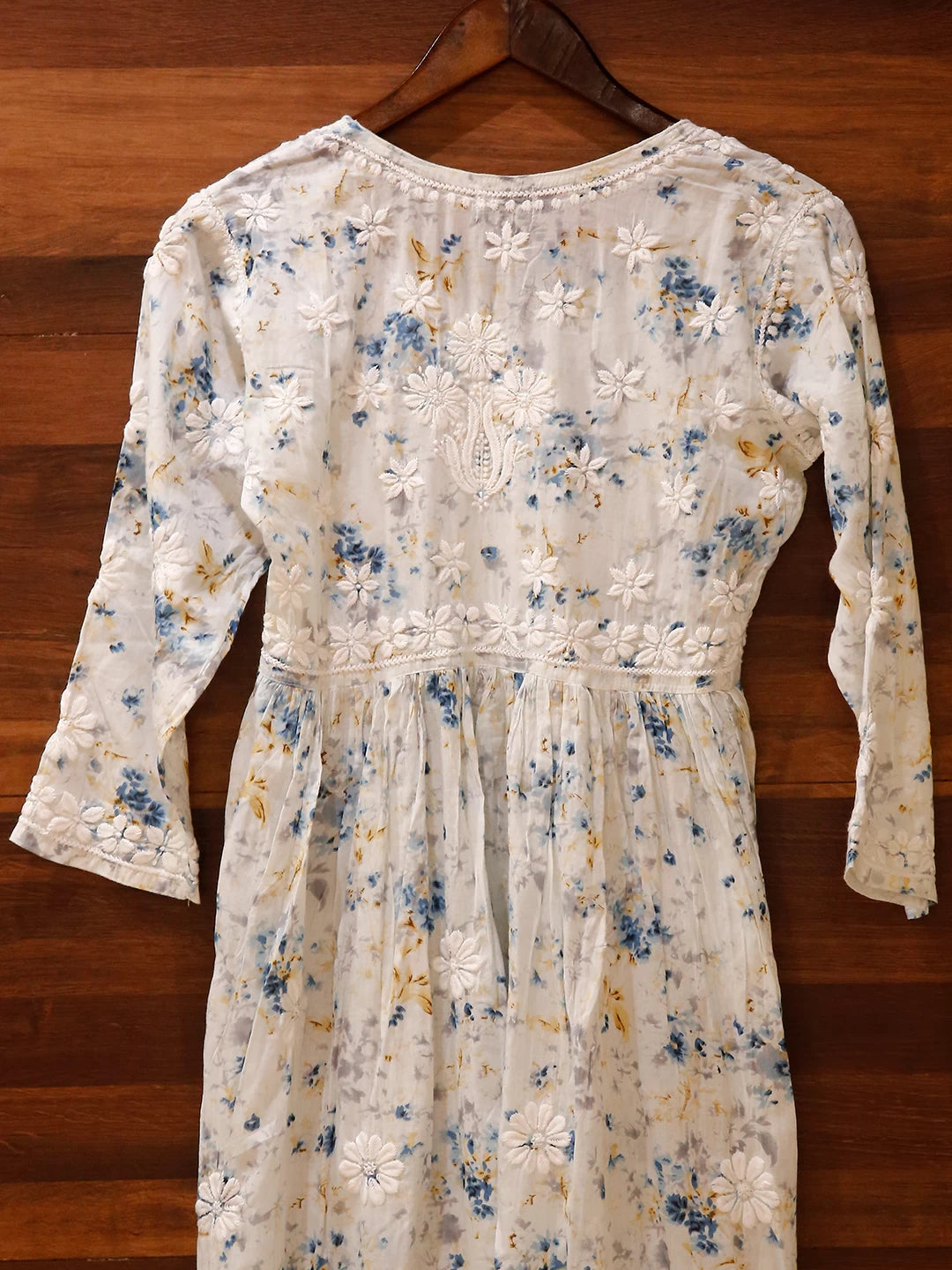 Ada Hand Embroidered Light Ice Blue Cotton Floral Printed Lucknowi Chikankari A-Line Kurta 01A460938