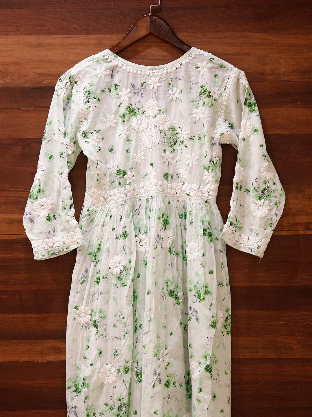 Ada Hand Embroidered Mint Green Cotton Floral Printed Lucknowi Chikankari A-Line Kurta 01A460951