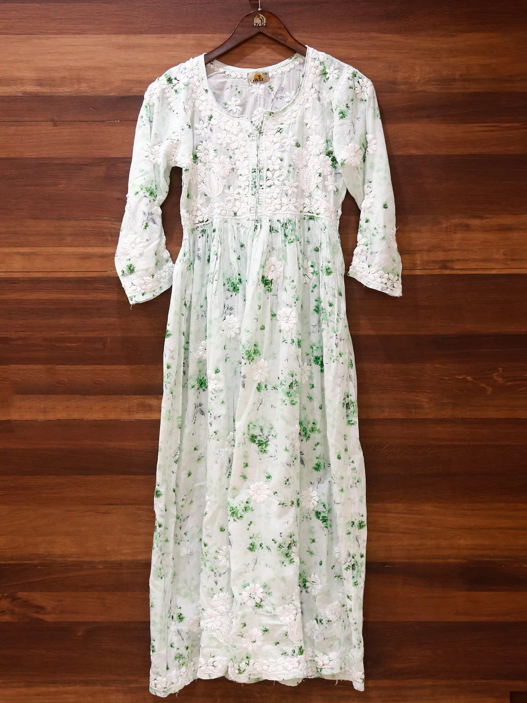 Ada Hand Embroidered Mint Green Cotton Floral Printed Lucknowi Chikankari A-Line Kurta 01A460951