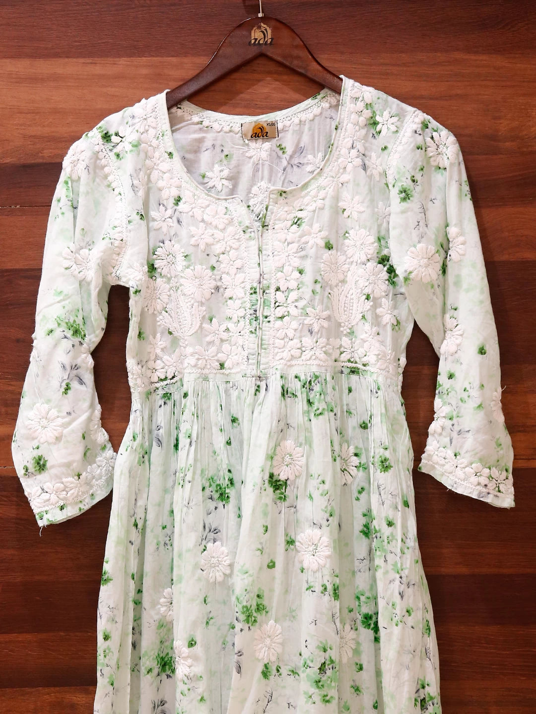 Ada Hand Embroidered Mint Green Cotton Floral Printed Lucknowi Chikankari A-Line Kurta 01A460951