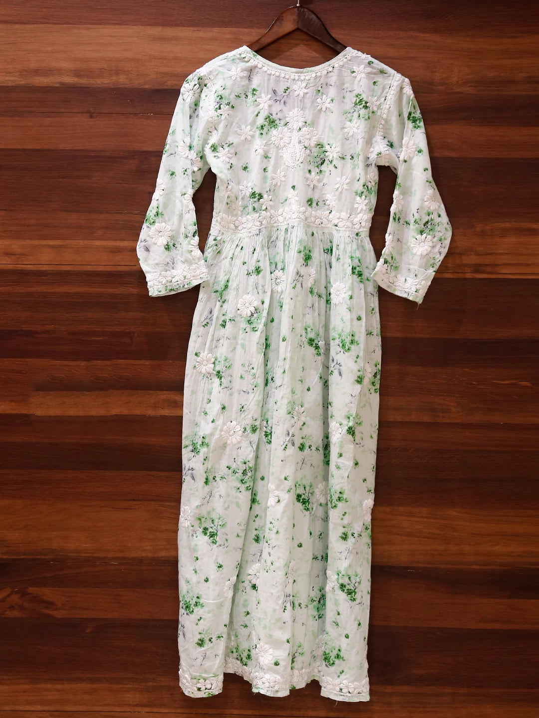 Ada Hand Embroidered Mint Green Cotton Floral Printed Lucknowi Chikankari A-Line Kurta 01A460951