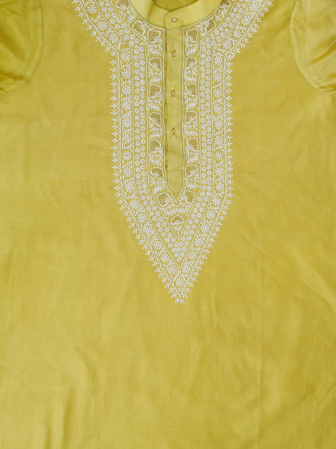 Ada Hand Embroidered Lime Green Chanderi Lucknowi Chikankari Semi Stitched Men's Kurta Piece With Zari Work 01A450046