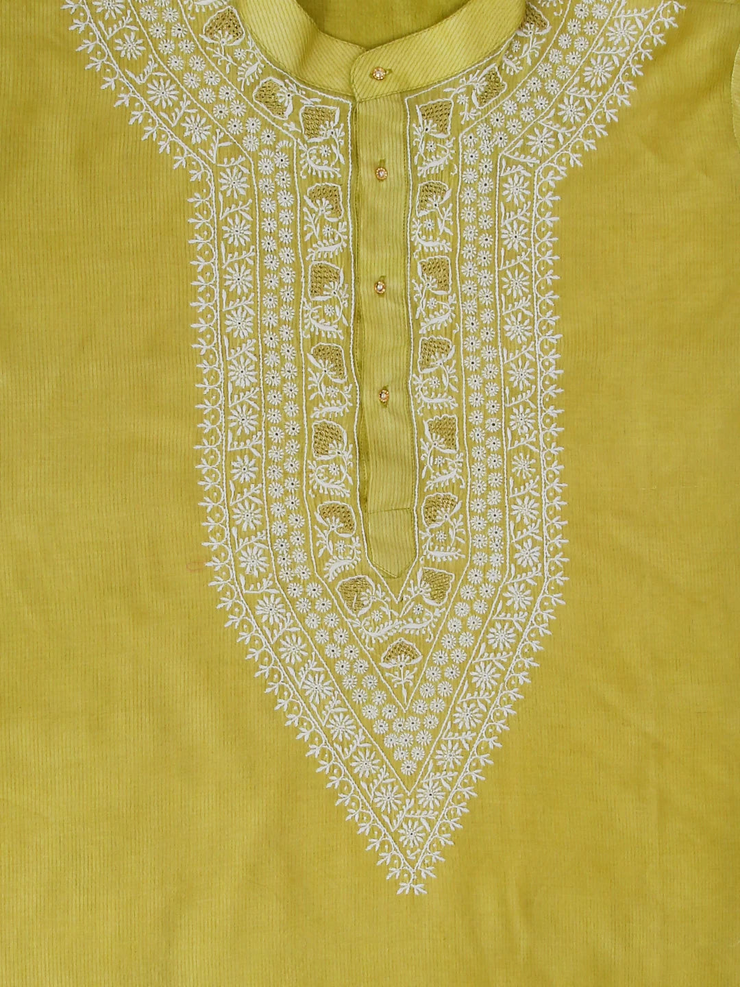 Ada Hand Embroidered Lime Green Chanderi Lucknowi Chikankari Semi Stitched Men's Kurta Piece With Zari Work 01A450046