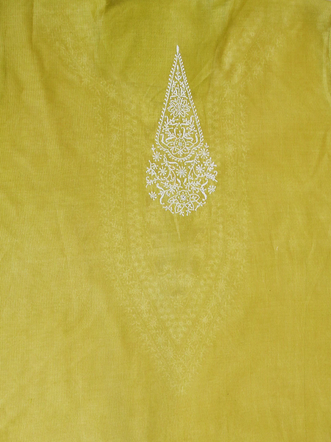 Ada Hand Embroidered Lime Green Chanderi Lucknowi Chikankari Semi Stitched Men's Kurta Piece With Zari Work 01A450046