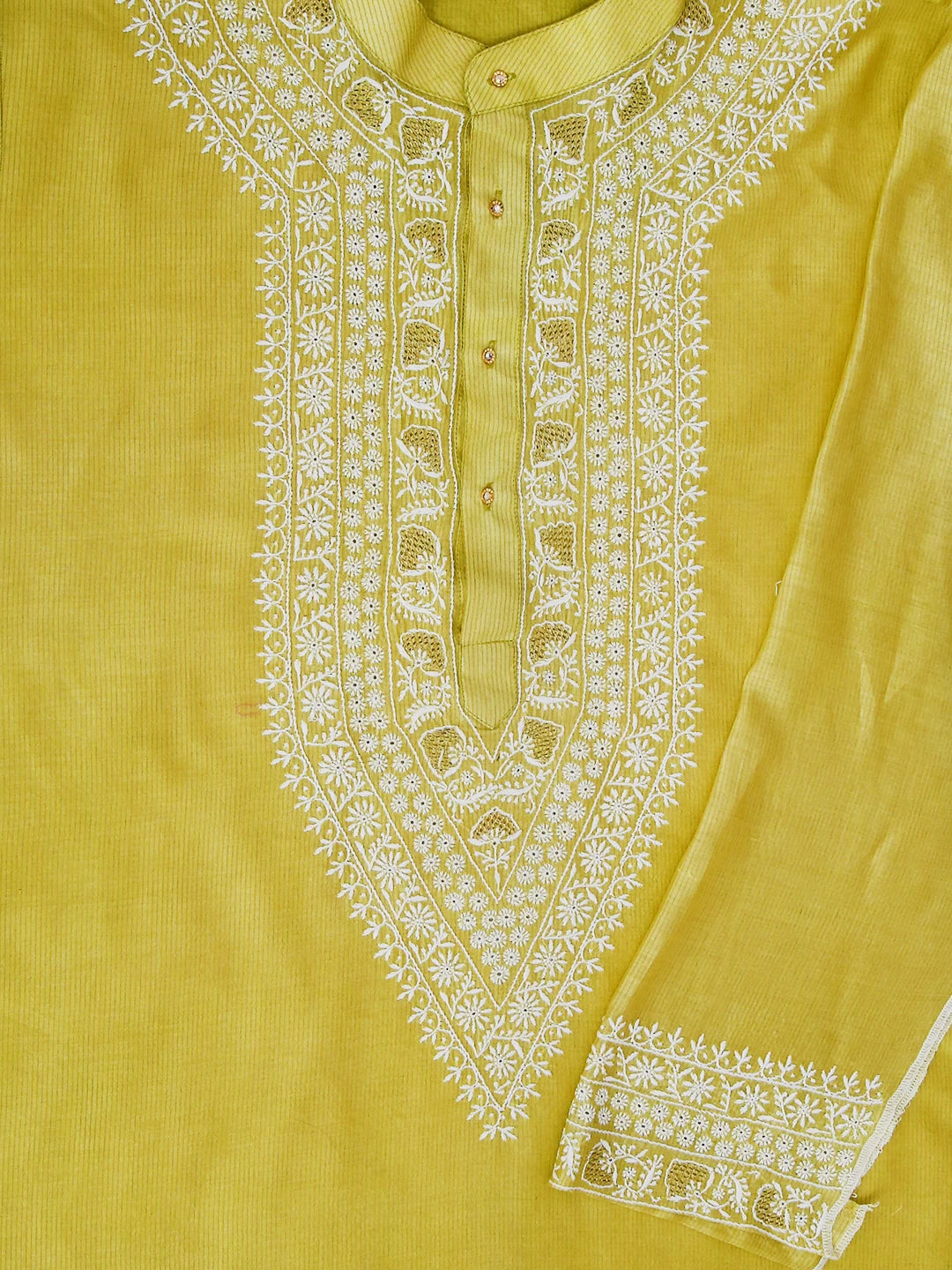 Ada Hand Embroidered Lime Green Chanderi Lucknowi Chikankari Semi Stitched Men's Kurta Piece With Zari Work 01A450046