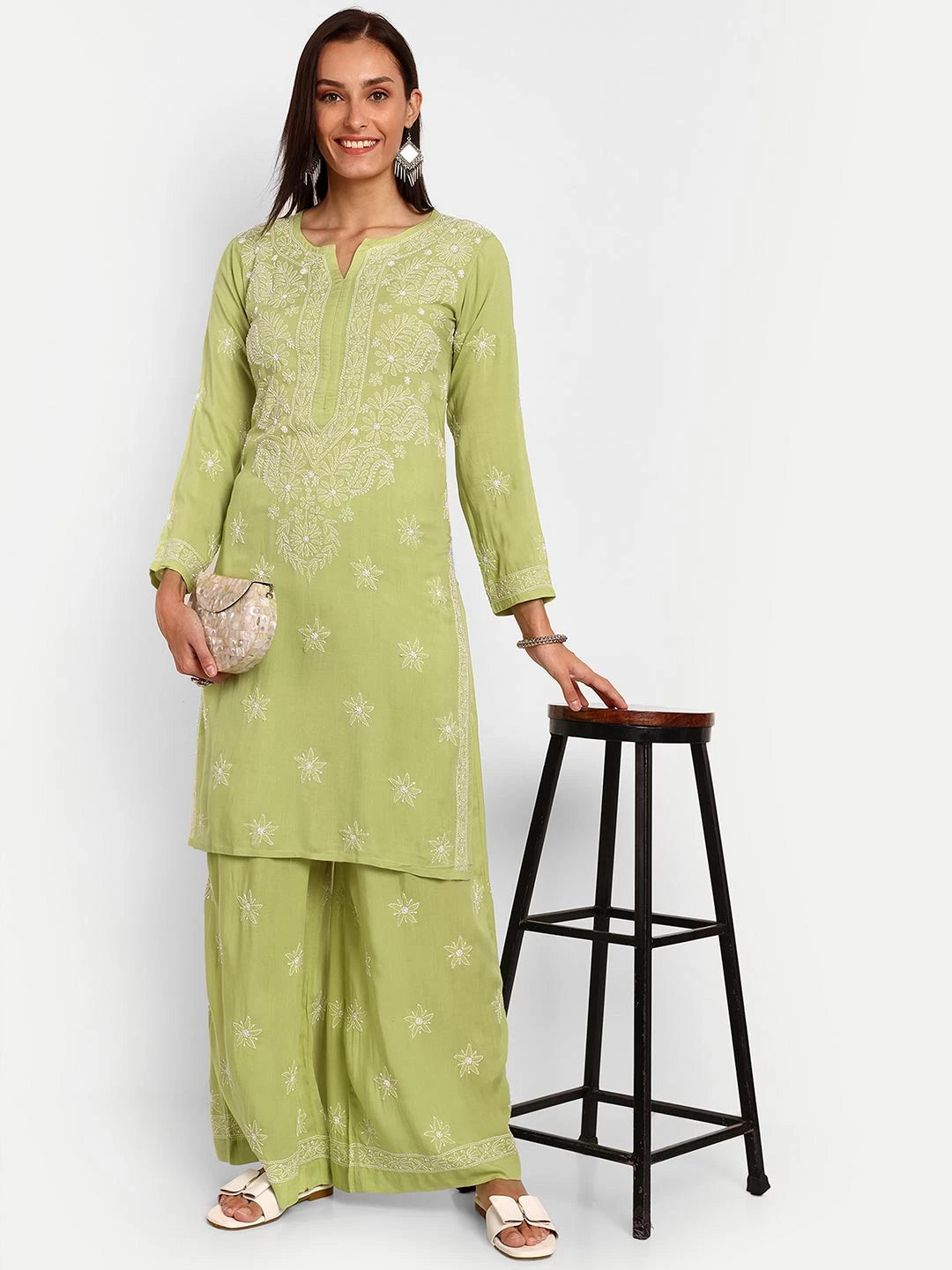Ada Hand Embroidered Liril Green Modal Lucknowi Chikankari Co-ord Set A811232