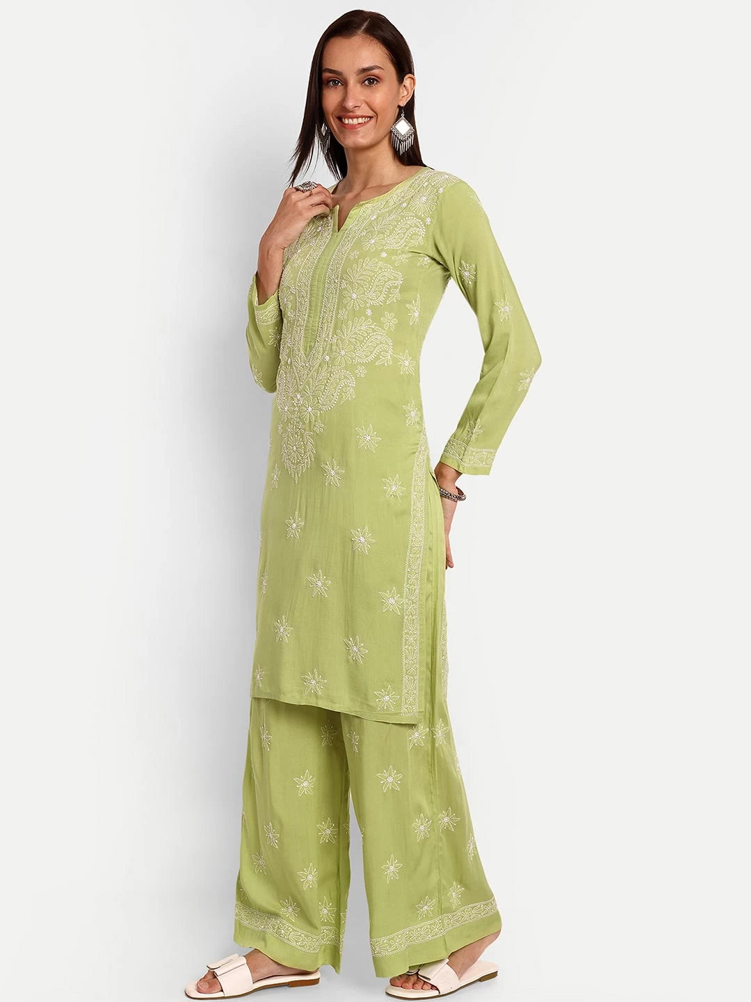 Ada Hand Embroidered Liril Green Modal Lucknowi Chikankari Co-ord Set A811232