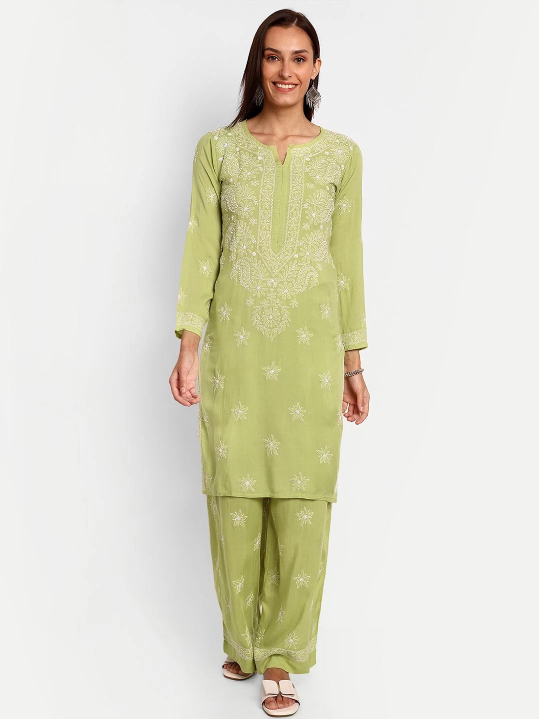 Ada Hand Embroidered Liril Green Modal Lucknowi Chikankari Co-ord Set A811232