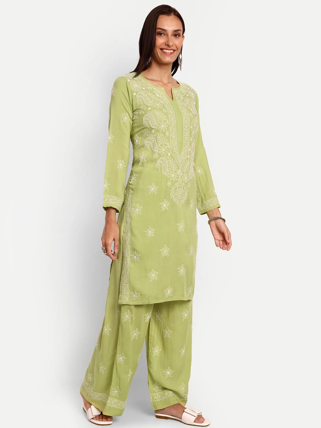 Ada Hand Embroidered Liril Green Modal Lucknowi Chikankari Co-ord Set A811232