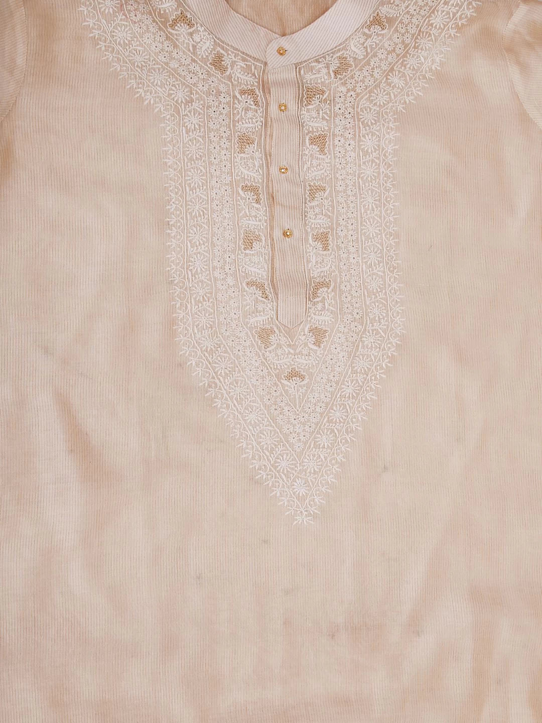 Ada Hand Embroidered Cream Chanderi Lucknowi Chikankari Semi Stitched Men's Kurta Piece With Zari Work 01A450045