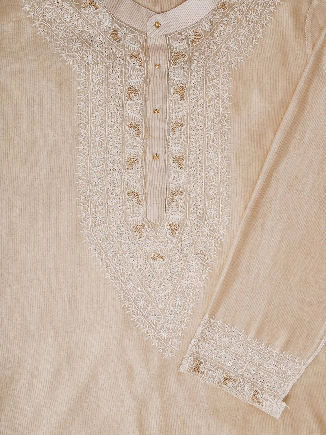 Ada Hand Embroidered Cream Chanderi Lucknowi Chikankari Semi Stitched Men's Kurta Piece With Zari Work 01A450045