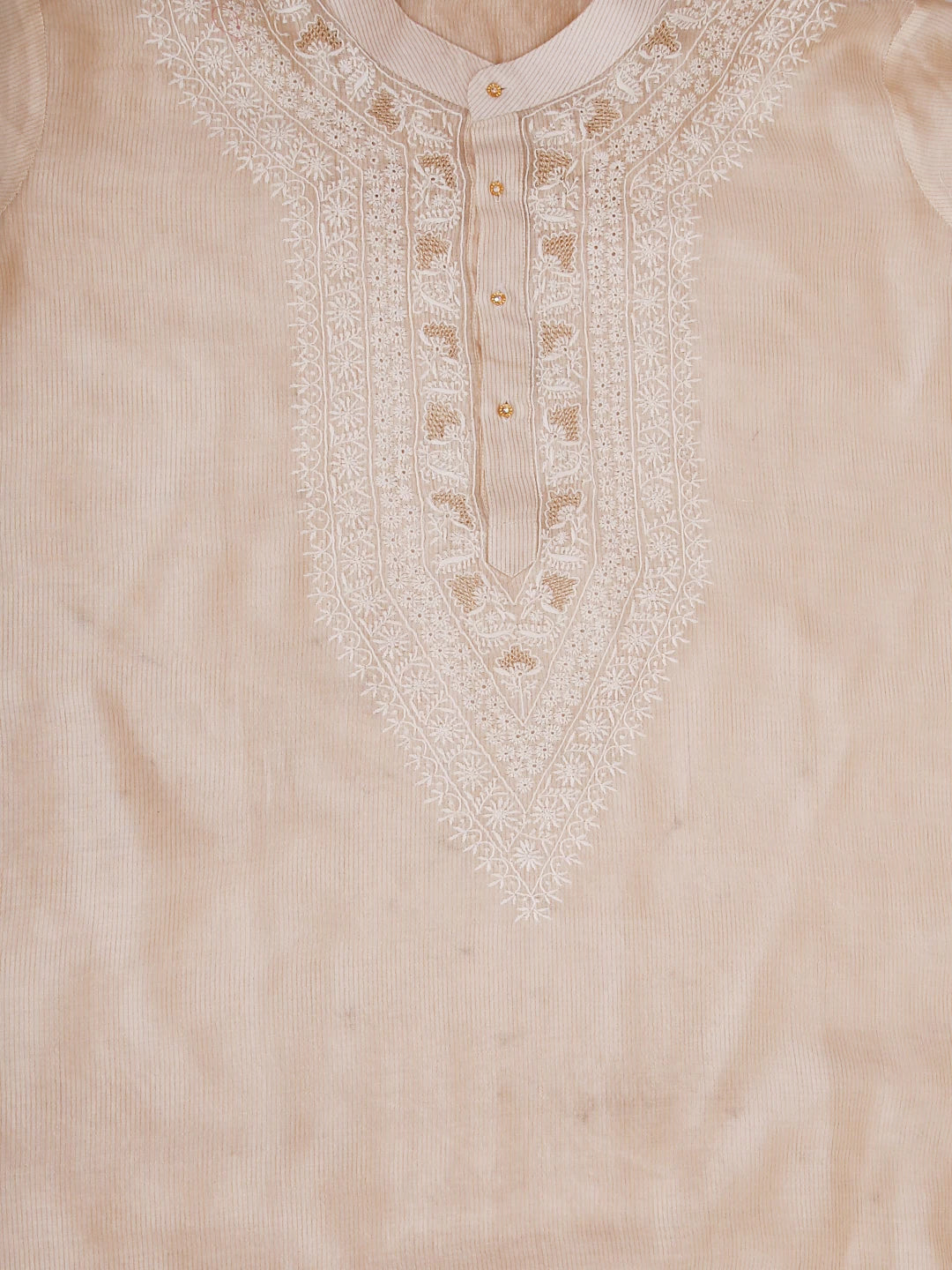 Ada Hand Embroidered Cream Chanderi Lucknowi Chikankari Semi Stitched Men's Kurta Piece With Zari Work 01A450045