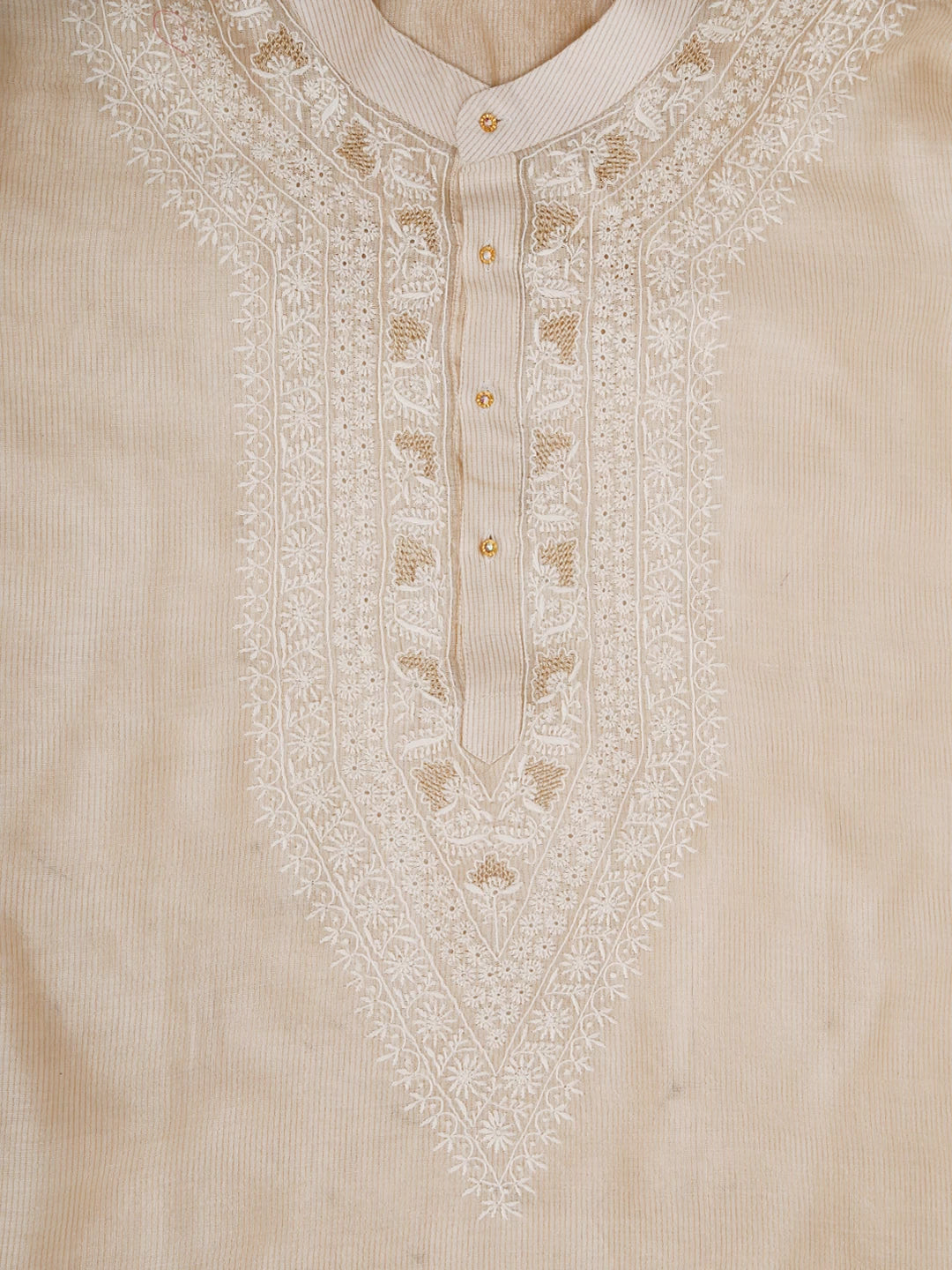 Ada Hand Embroidered Cream Chanderi Lucknowi Chikankari Semi Stitched Men's Kurta Piece With Zari Work 01A450045