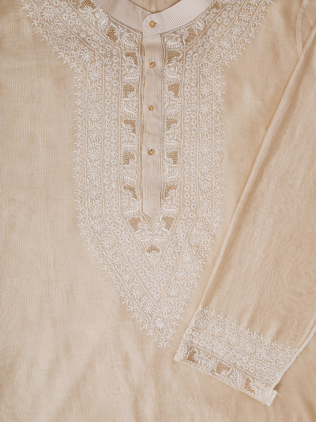 Ada Hand Embroidered Cream Chanderi Lucknowi Chikankari Semi Stitched Men's Kurta Piece With Zari Work 01A450045