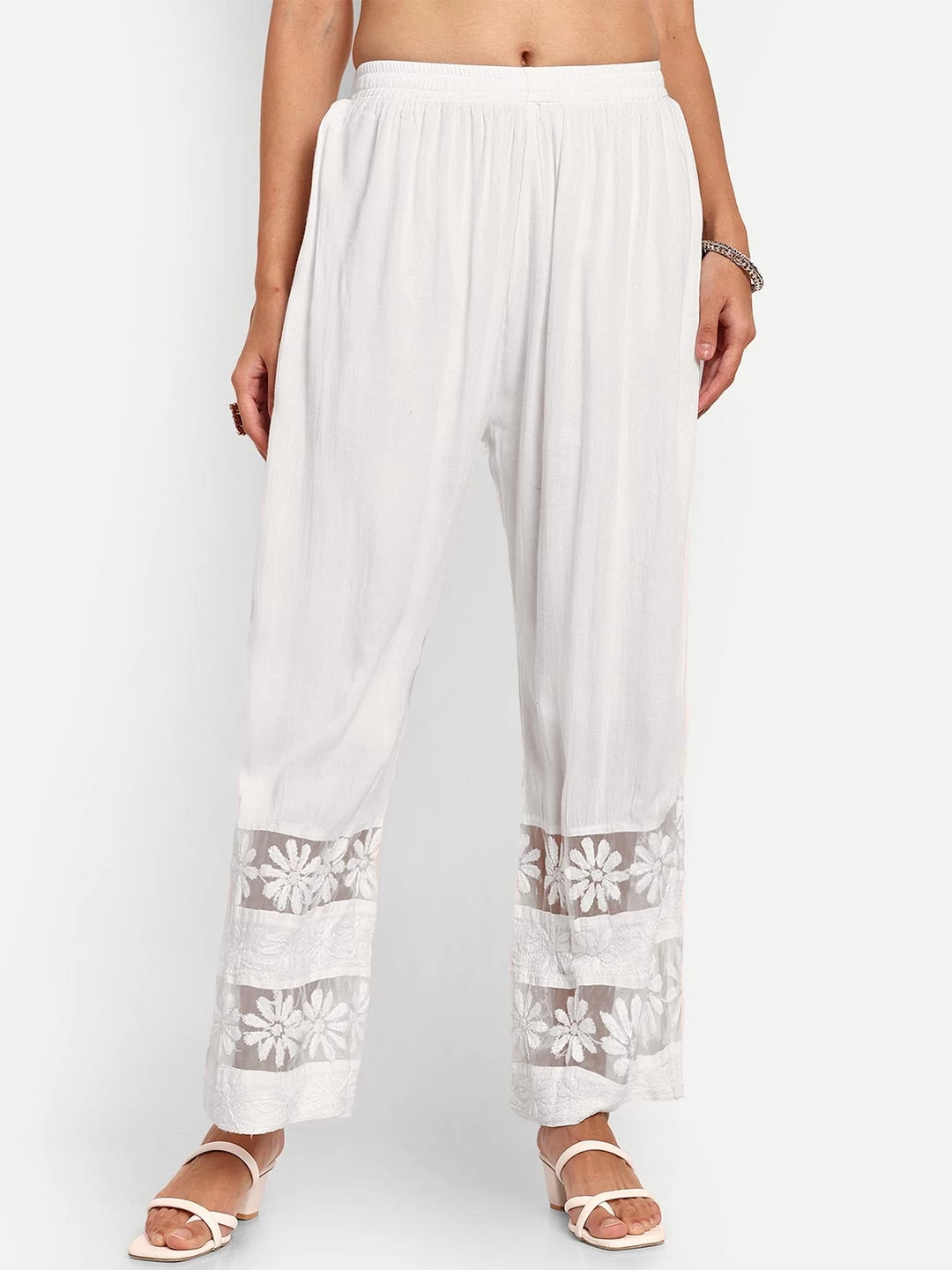 Ada Hand Embroidered White Rayon Lucknowi Chikankari Palazzo A711176